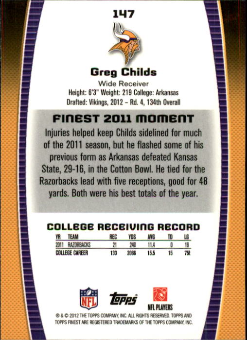 2012 Finest #147 Greg Childs RC back image