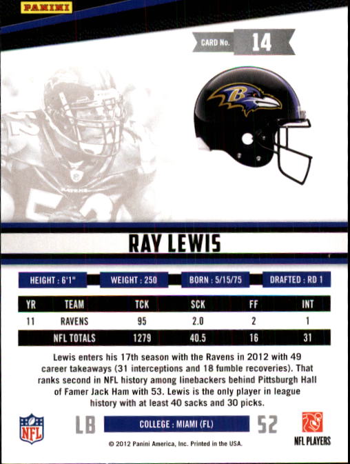 2012 Rookies and Stars #14 Ray Lewis back image