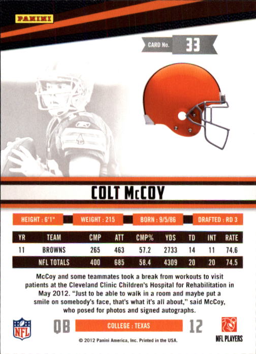 2012 Rookies and Stars #33 Colt McCoy back image