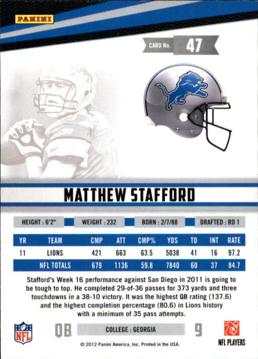2012 Rookies and Stars #47 Matthew Stafford back image