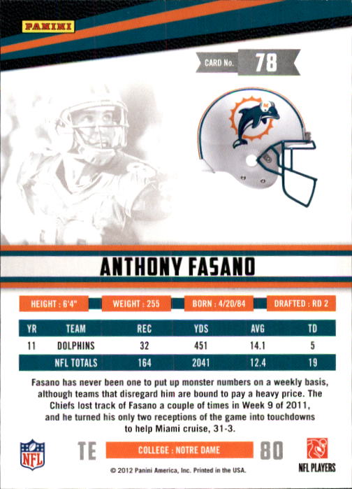 2012 Rookies and Stars #78 Anthony Fasano back image