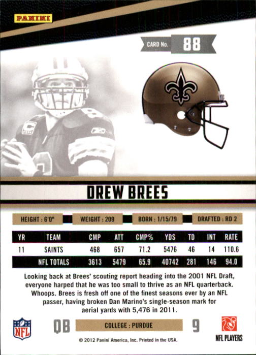 2012 Rookies and Stars #88 Drew Brees back image