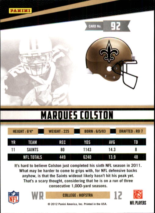 2012 Rookies and Stars #92 Marques Colston back image