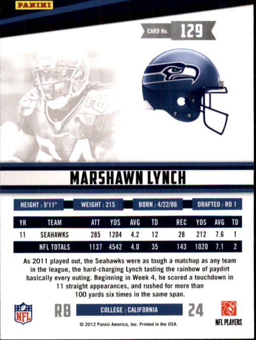 2012 Rookies and Stars #129 Marshawn Lynch back image
