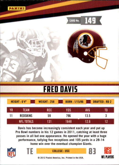 2012 Rookies and Stars #149 Fred Davis back image