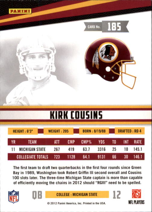 2012 Rookies and Stars #185 Kirk Cousins RC back image