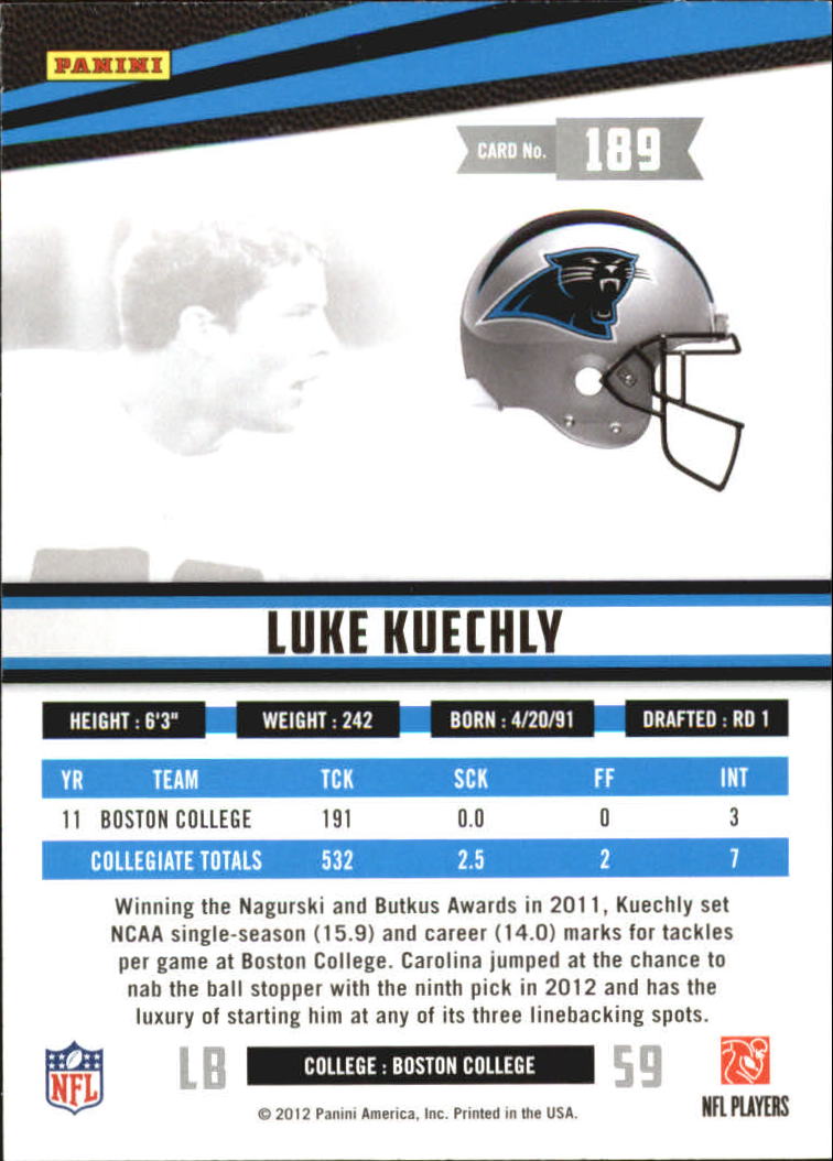 2012 Rookies and Stars #189 Luke Kuechly RC back image