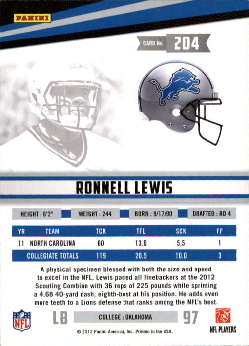 2012 Rookies and Stars #204 Ronnell Lewis RC back image