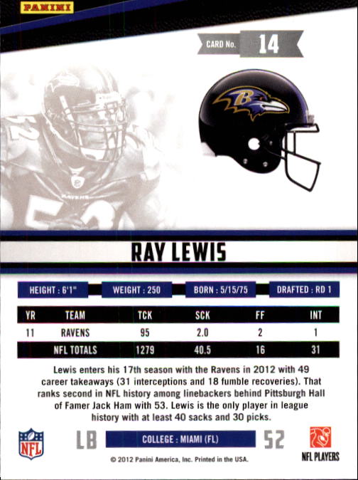 2012 Rookies and Stars Longevity #14 Ray Lewis back image