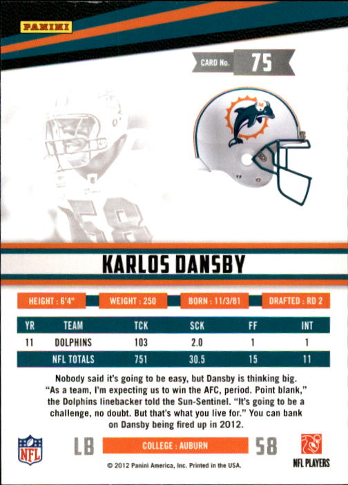 2012 Rookies and Stars Longevity #75 Karlos Dansby back image