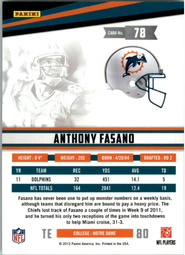 2012 Rookies and Stars Longevity #78 Anthony Fasano back image
