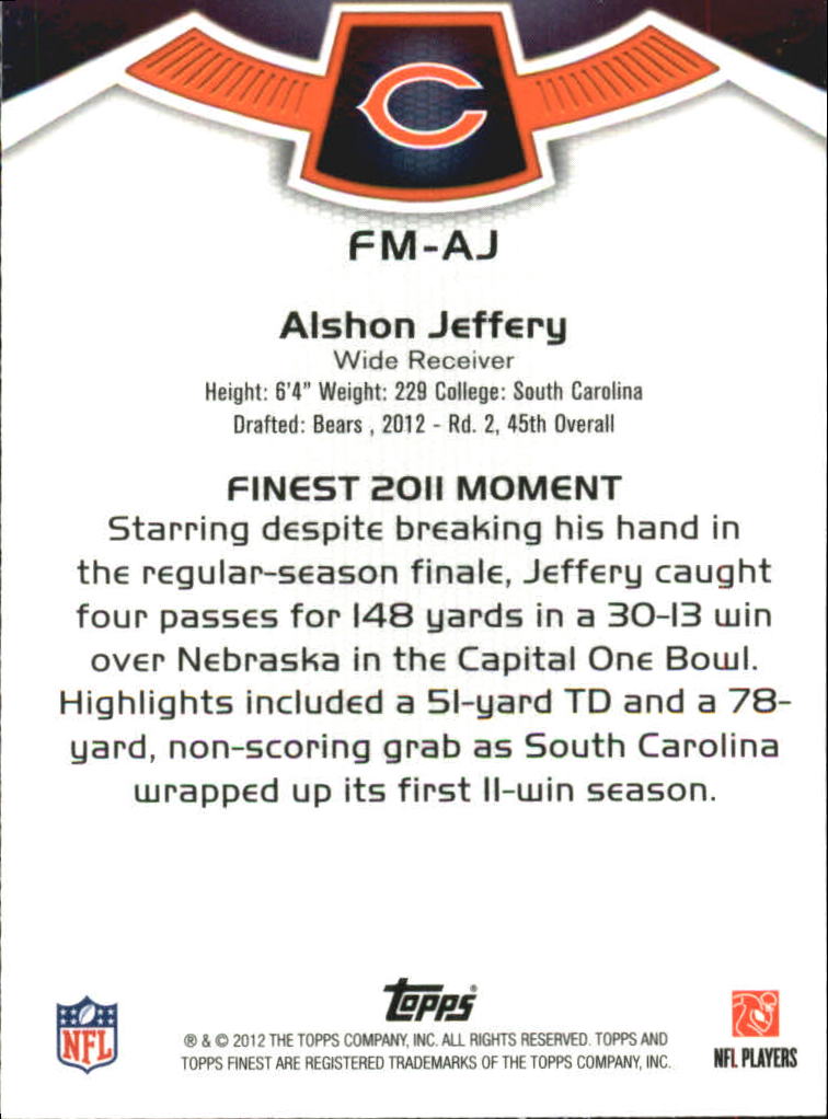 2012 Finest Moments #FMAJ Alshon Jeffery back image