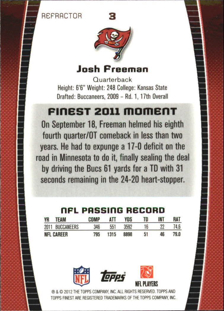 2012 Finest Refractors #3 Josh Freeman back image