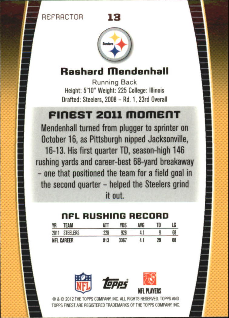 2012 Finest Refractors #13 Rashard Mendenhall back image