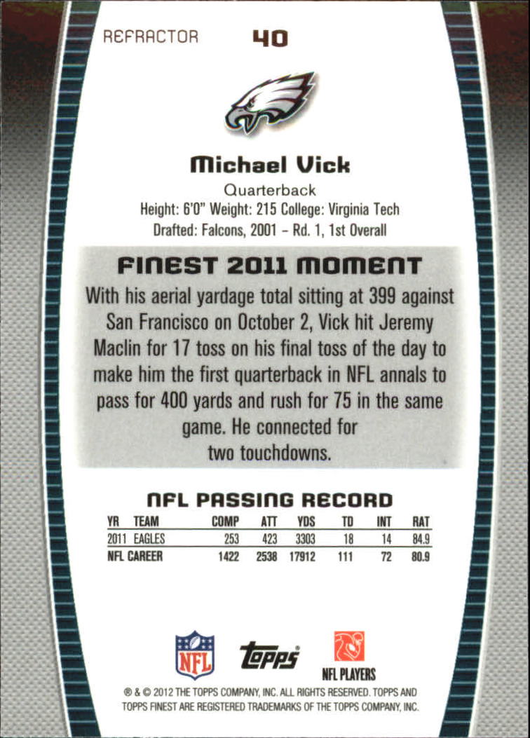 2012 Finest Refractors #40 Michael Vick back image