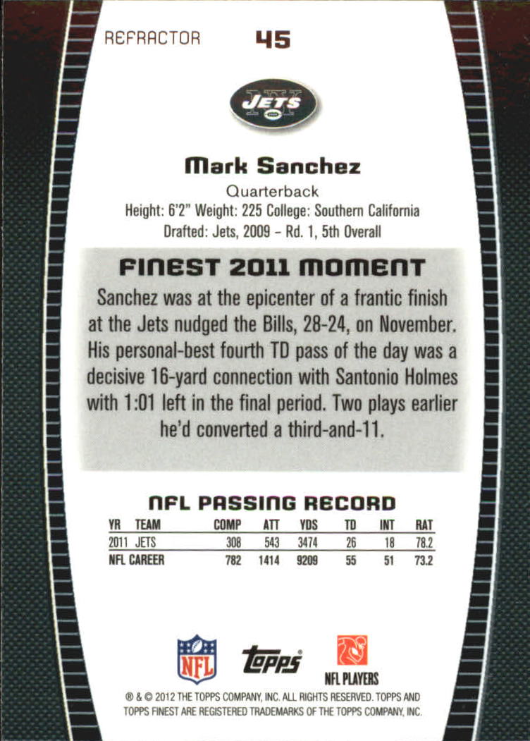 2012 Finest Refractors #45 Mark Sanchez back image