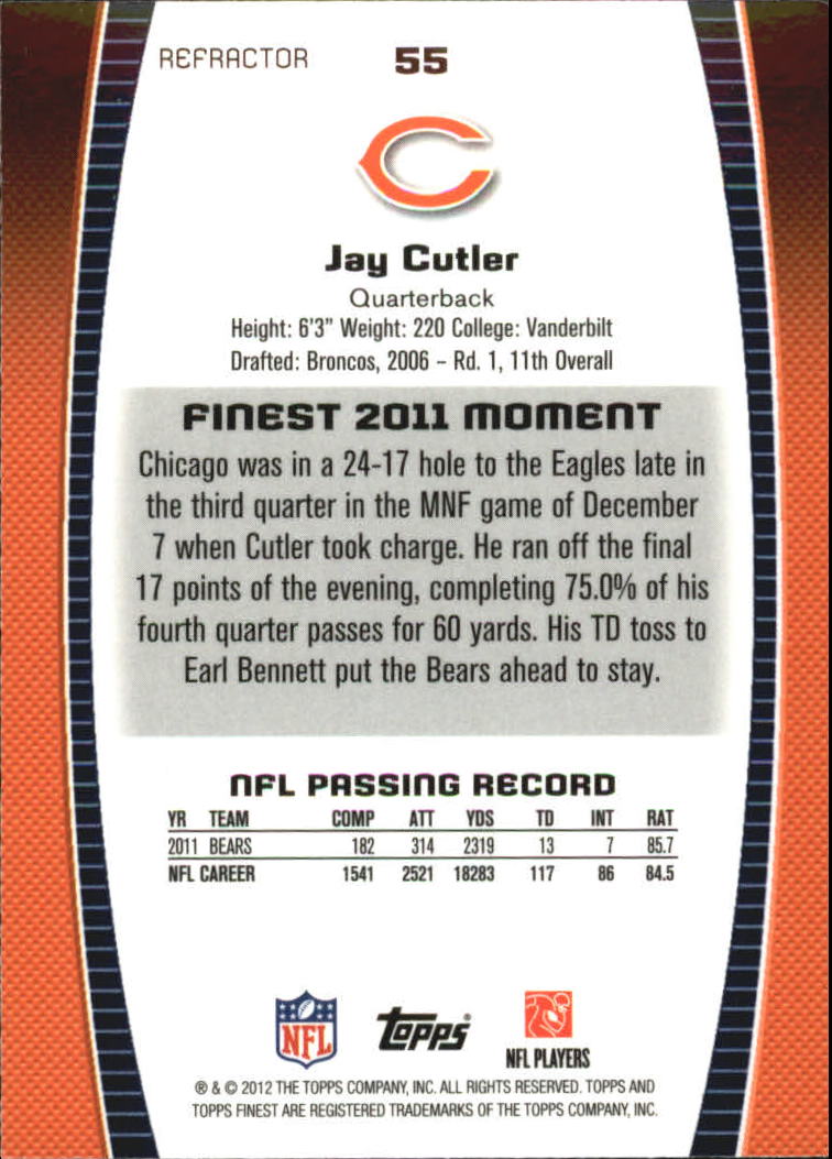 2012 Finest Refractors #55 Jay Cutler back image