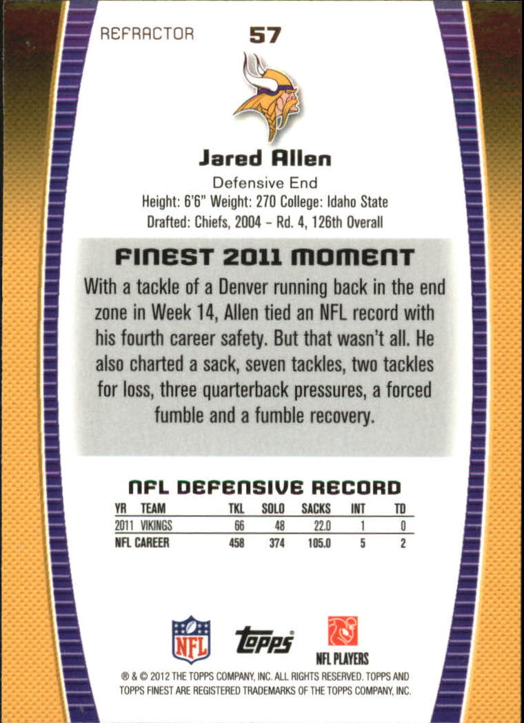 2012 Finest Refractors #57 Jared Allen back image