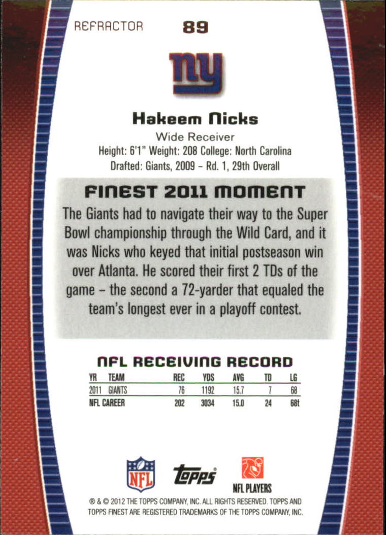 2012 Finest Refractors #89 Hakeem Nicks back image