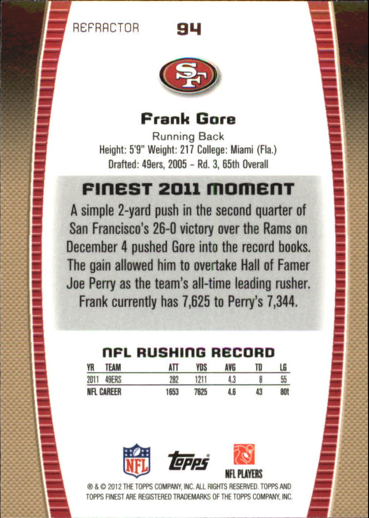 2012 Finest Refractors #94 Frank Gore back image