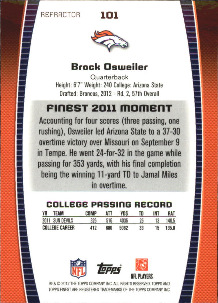 2012 Finest Refractors #101 Brock Osweiler back image