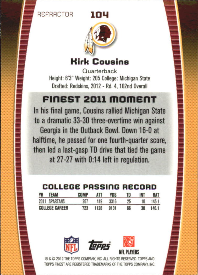 2012 Finest Refractors #104 Kirk Cousins back image