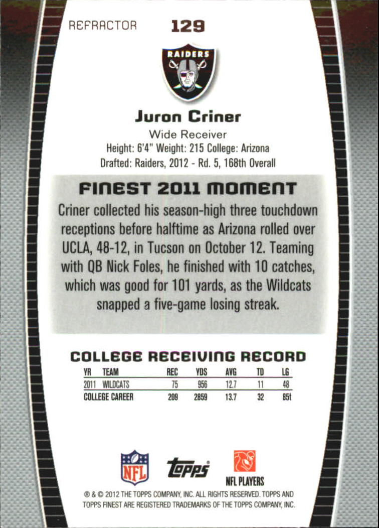 2012 Finest Refractors #129 Juron Criner back image