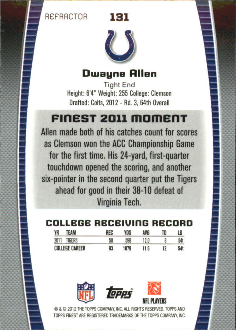 2012 Finest Refractors #131 Dwayne Allen back image