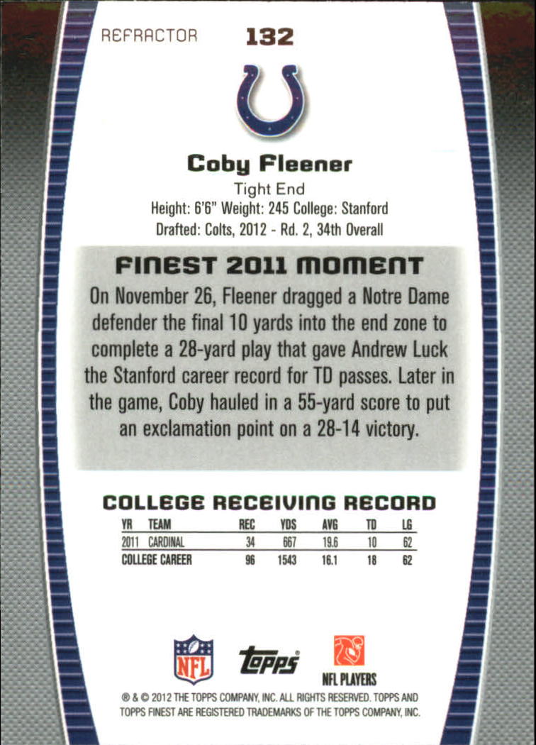 2012 Finest Refractors #132 Coby Fleener back image