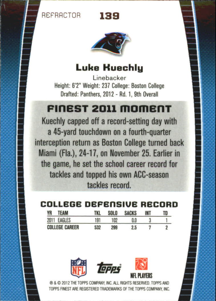 2012 Finest Refractors #139 Luke Kuechly back image