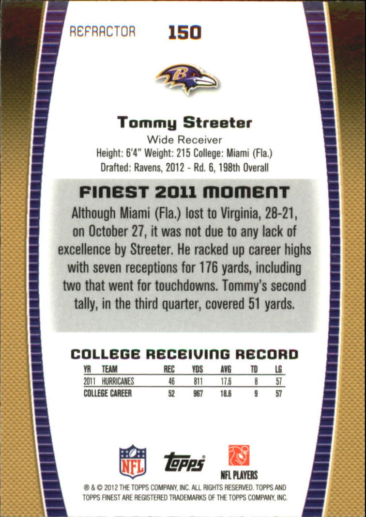 2012 Finest Refractors #150 Tommy Streeter back image