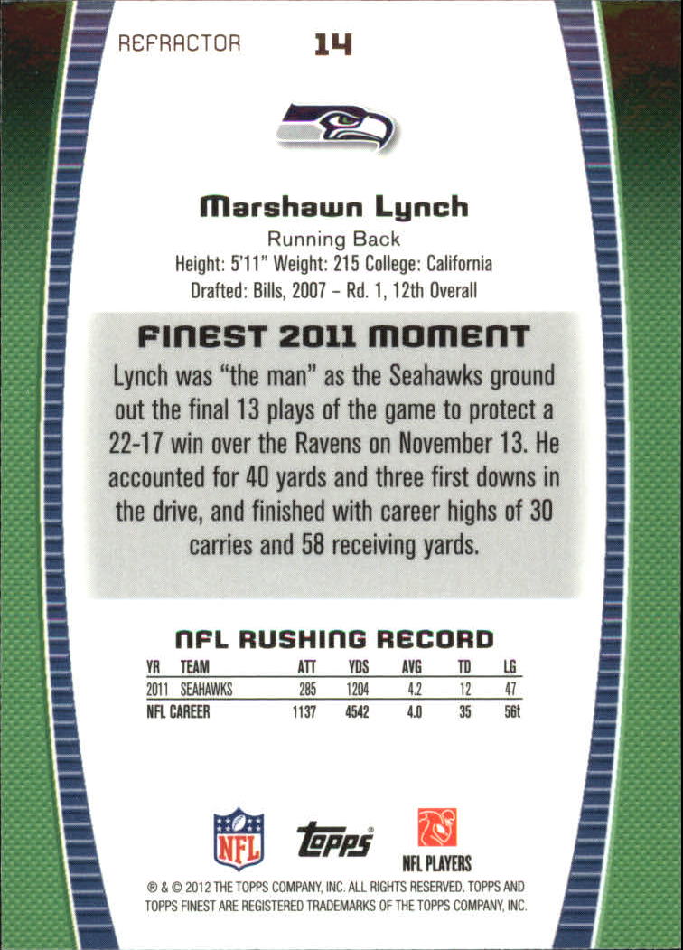 2012 Finest Prism Refractors #14 Marshawn Lynch back image