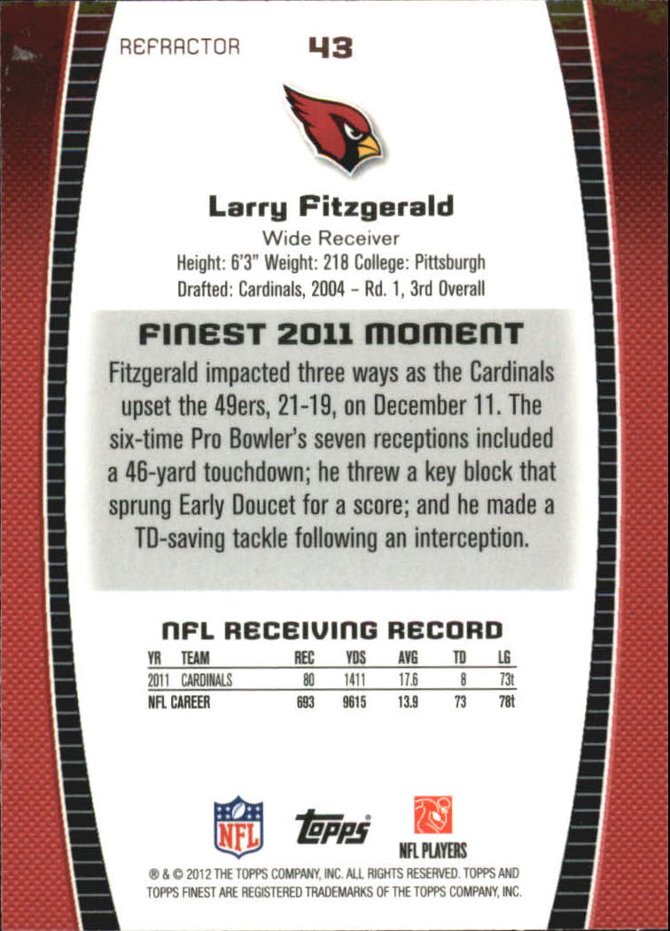 2012 Finest Prism Refractors #43 Larry Fitzgerald back image