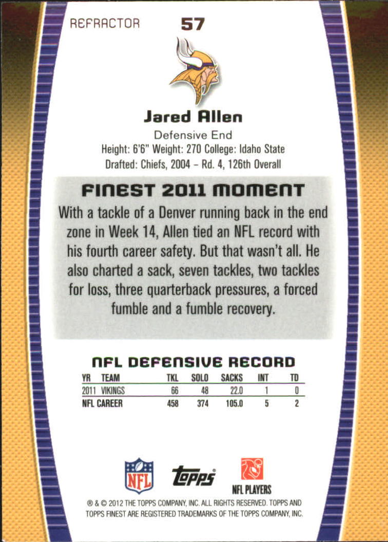 2012 Finest Prism Refractors #57 Jared Allen back image