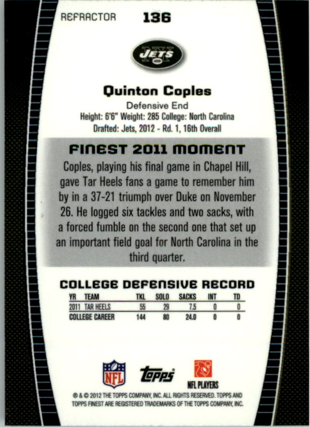 2012 Finest Prism Refractors #136 Quinton Coples back image