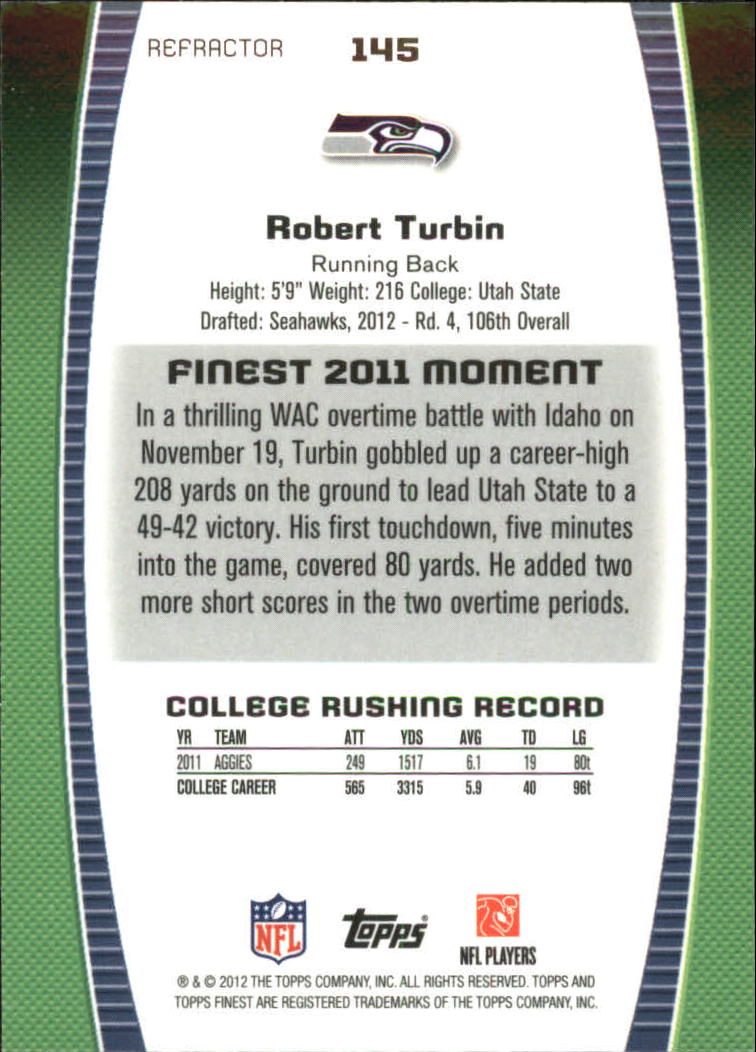 2012 Finest Prism Refractors #145 Robert Turbin back image