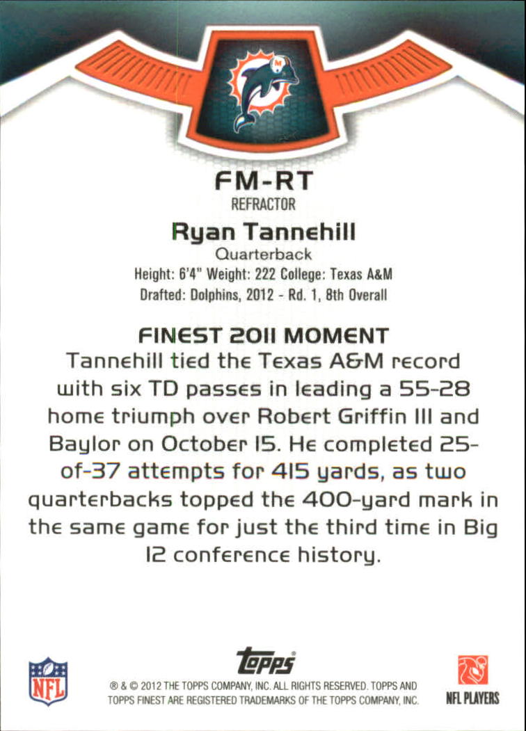 2012 Finest Moments Refractors #FMRT Ryan Tannehill back image