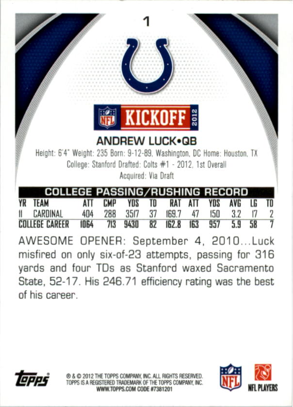 2012 Topps Kickoff #1 Andrew Luck back image