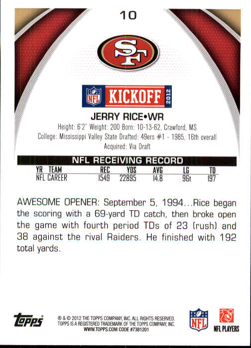 2012 Topps Kickoff #10 Jerry Rice back image