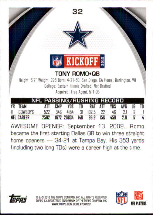 2012 Topps Kickoff #32 Tony Romo back image