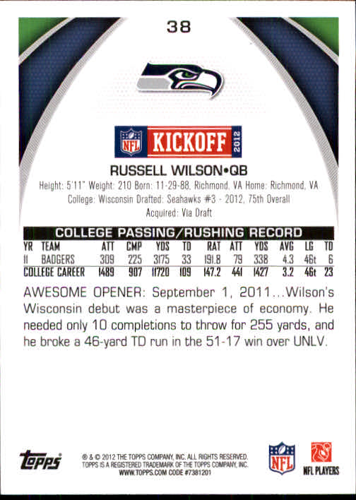 2012 Topps Kickoff #38 Russell Wilson back image