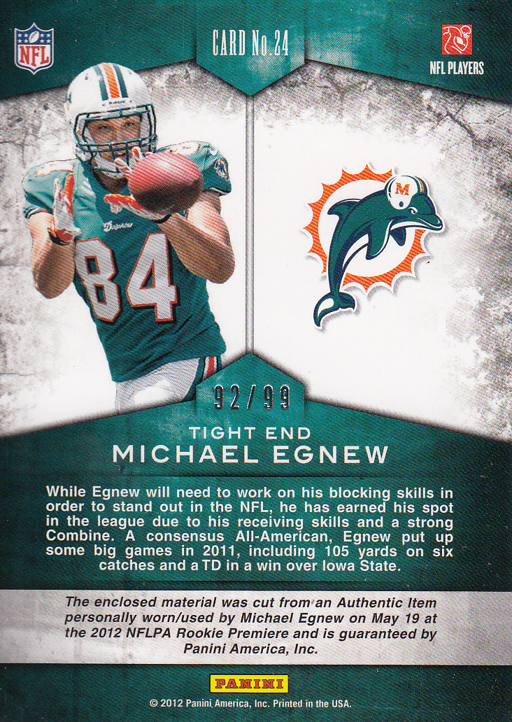 2012 Momentum Rookie Team Threads Triple Materials #24 Michael Egnew back image