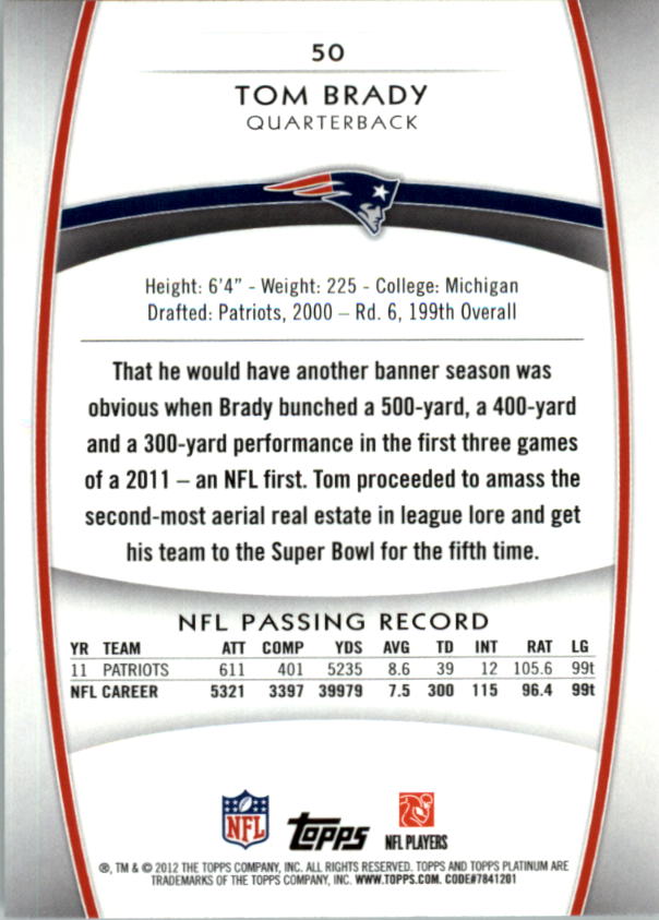 2012 Topps Platinum #50 Tom Brady back image