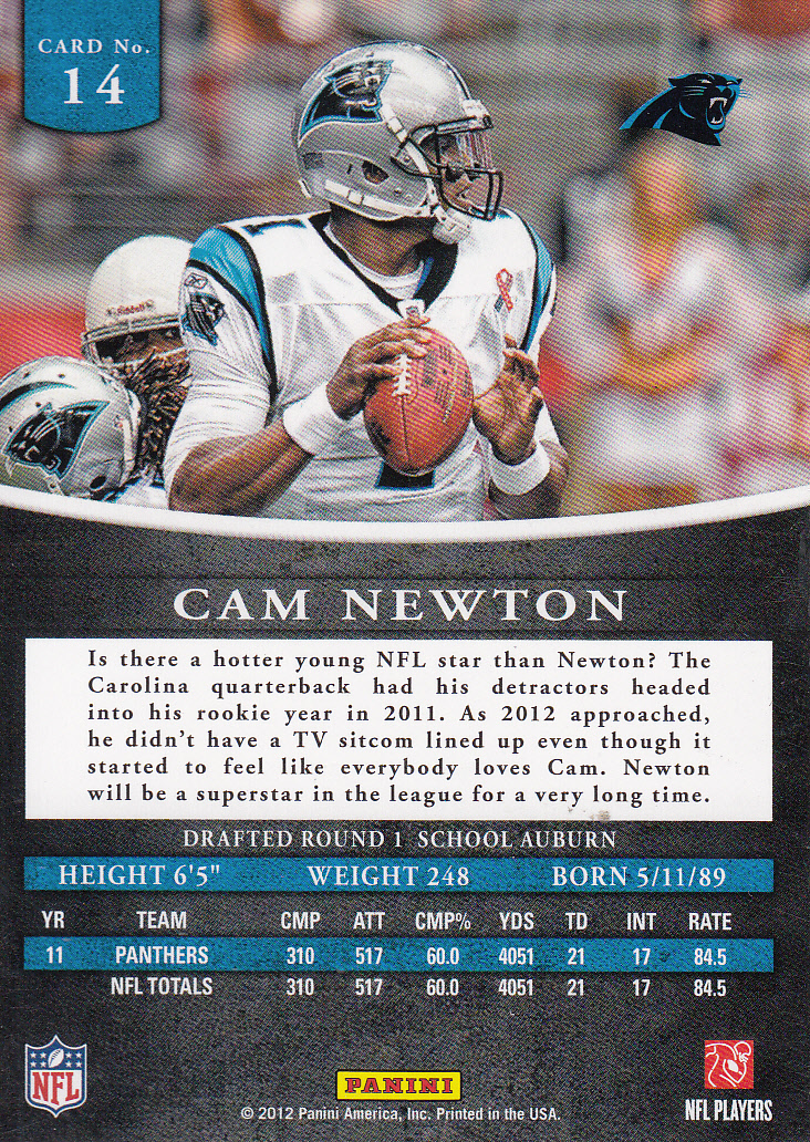 2012 Panini Prominence #14A Cam Newton P back image