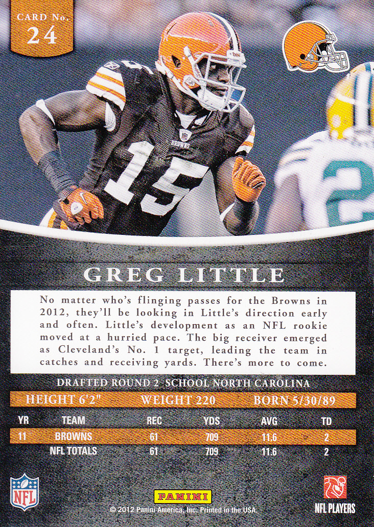 2012 Panini Prominence #24A Greg Little P back image