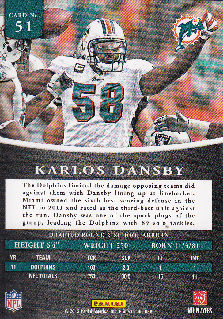 2012 Panini Prominence #51A Karlos Dansby P back image