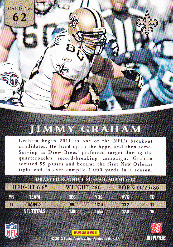 2012 Panini Prominence #62A Jimmy Graham P back image