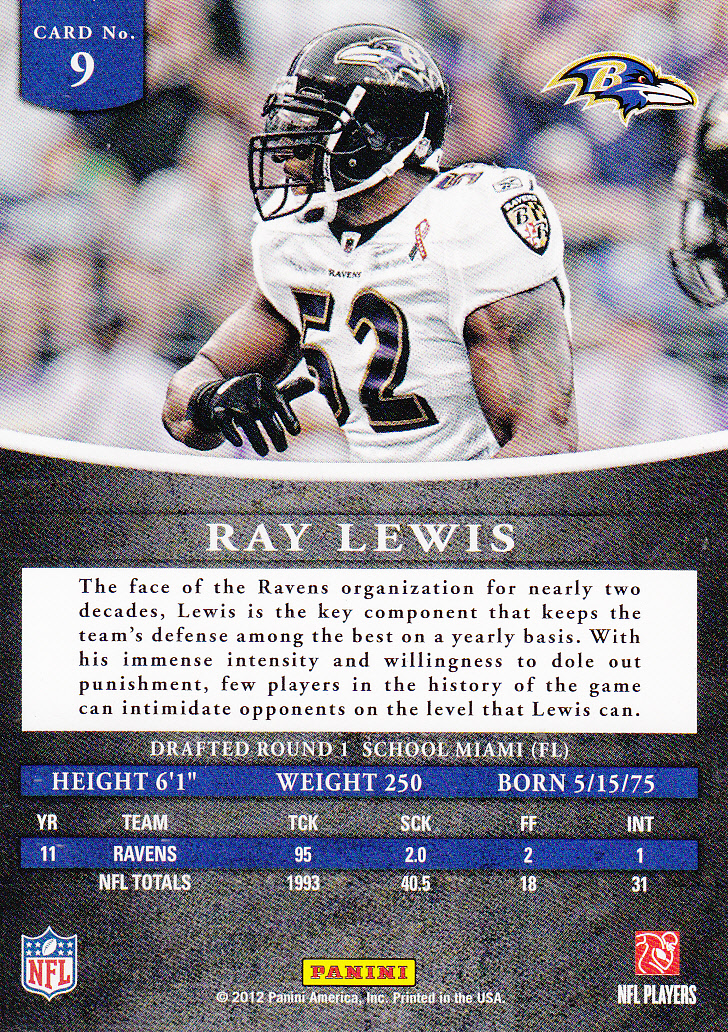 2012 Panini Prominence #9C Ray Lewis S back image