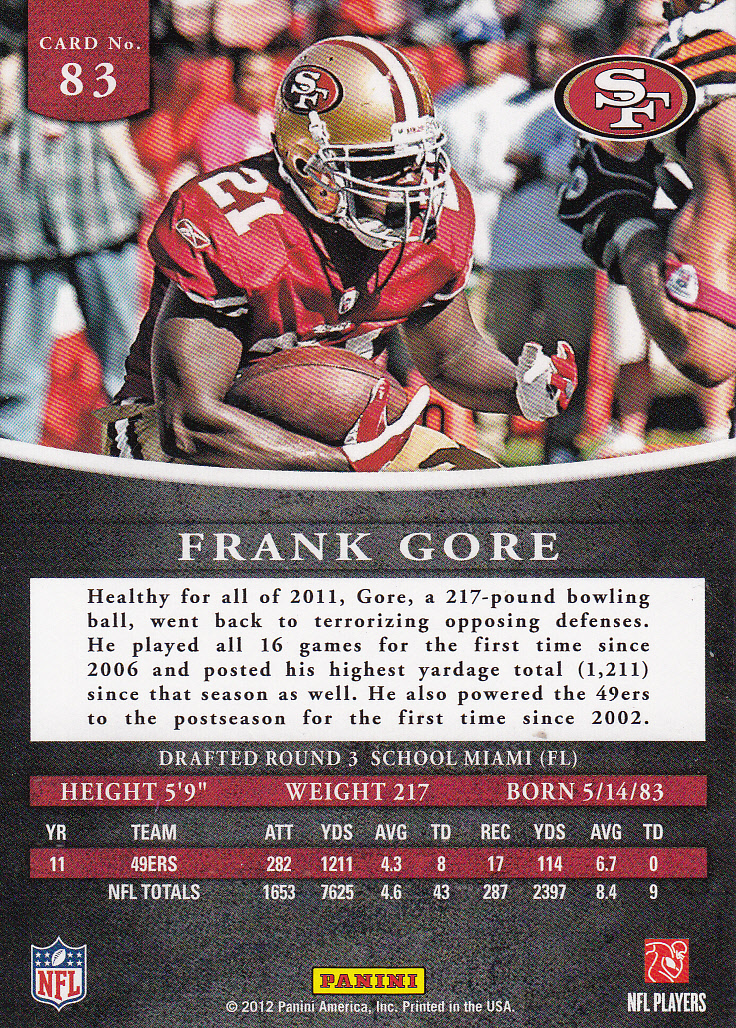 2012 Panini Prominence #83C Frank Gore S back image