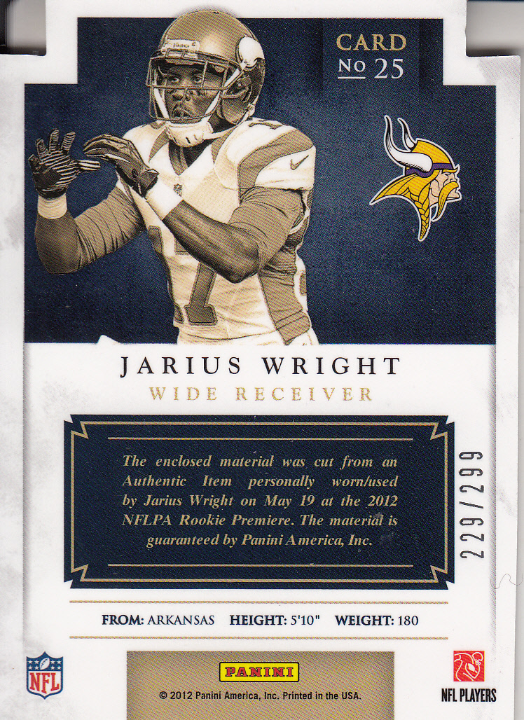 2012 Panini Prominence Rookie Projection Materials #25 Jarius Wright back image